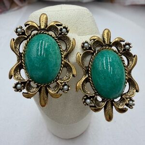 Vintage Gold and Green Statement  clip Earrings